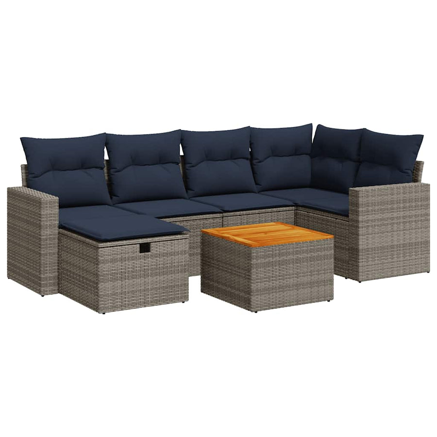 7-delige Loungeset met kussens poly rattan grijs