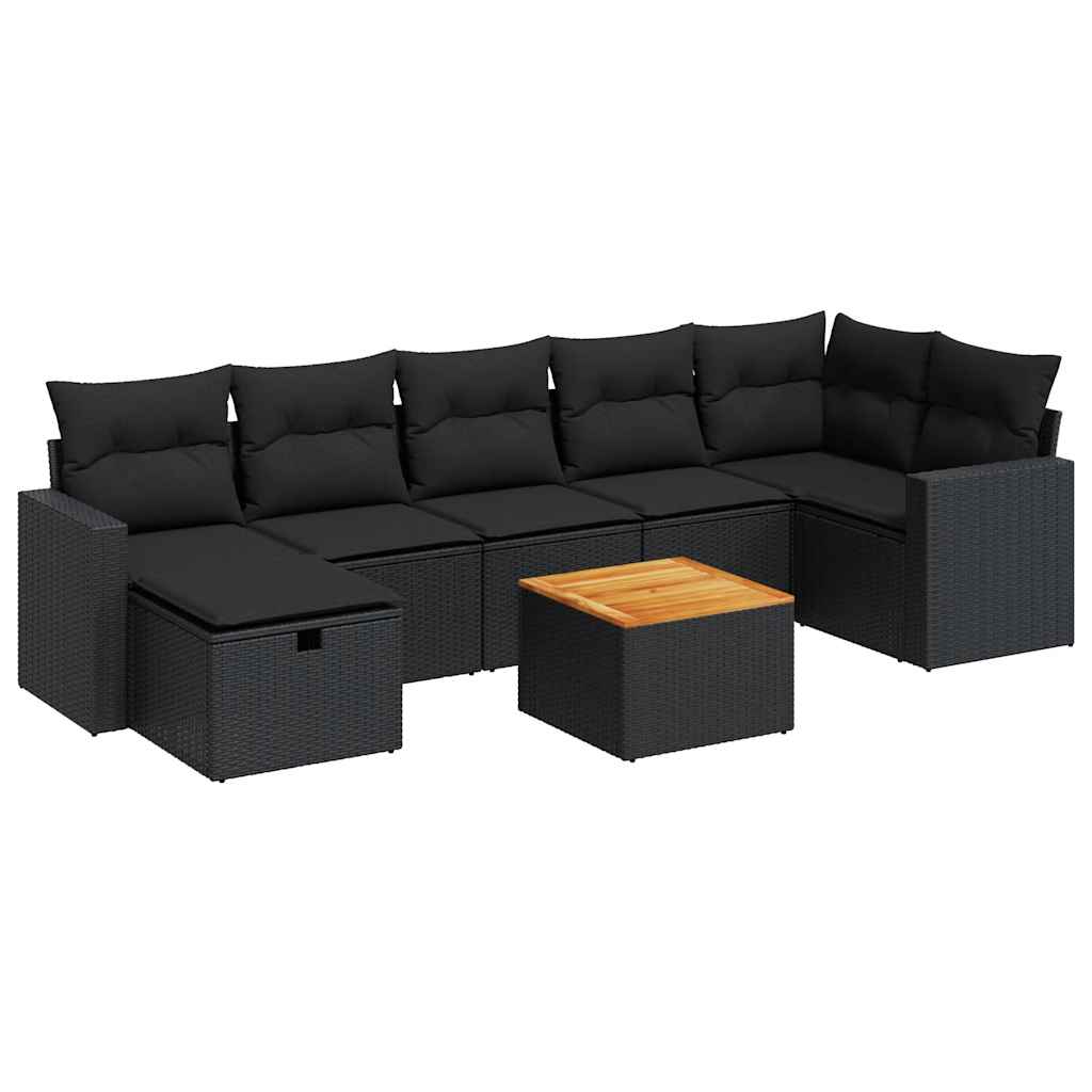 8-delige Loungeset met kussens poly rattan zwart