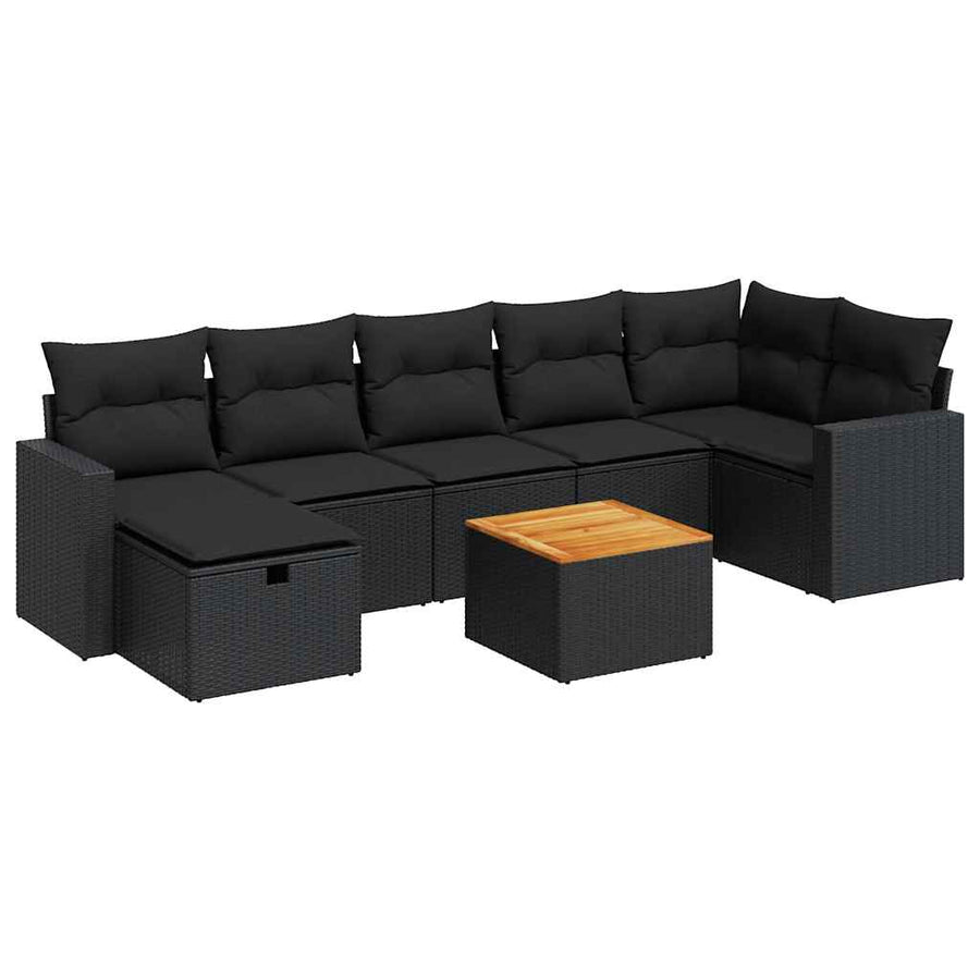 8-delige Loungeset met kussens poly rattan zwart