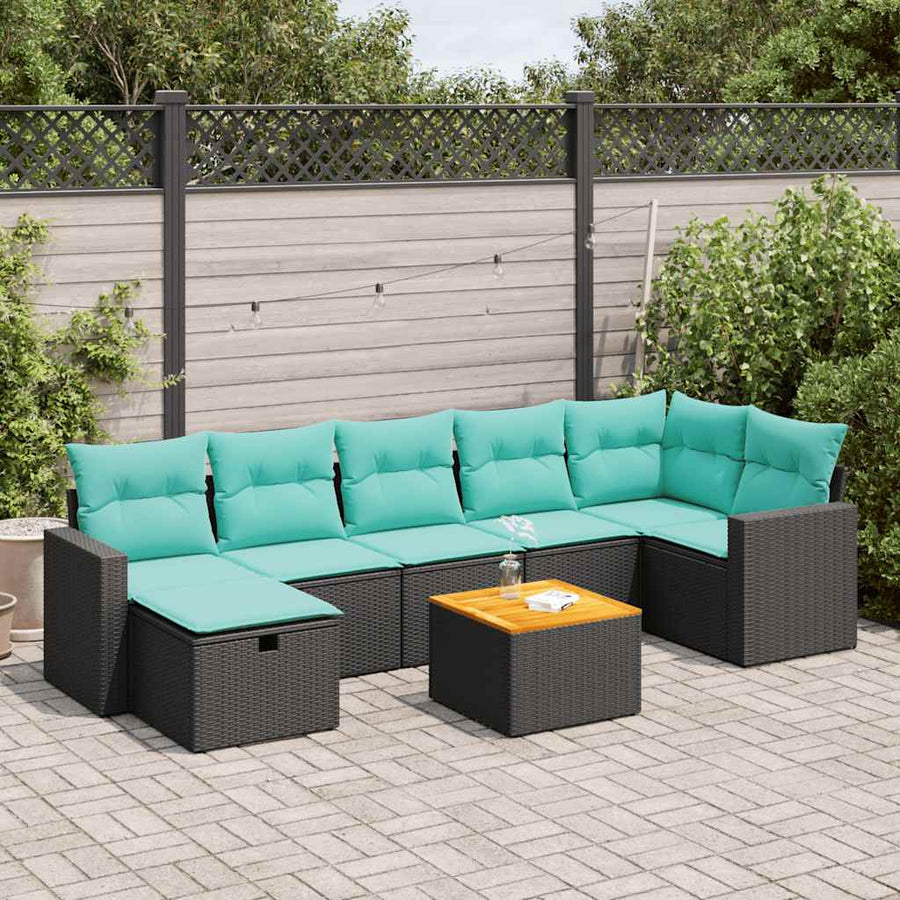 8-delige Loungeset met kussens poly rattan zwart