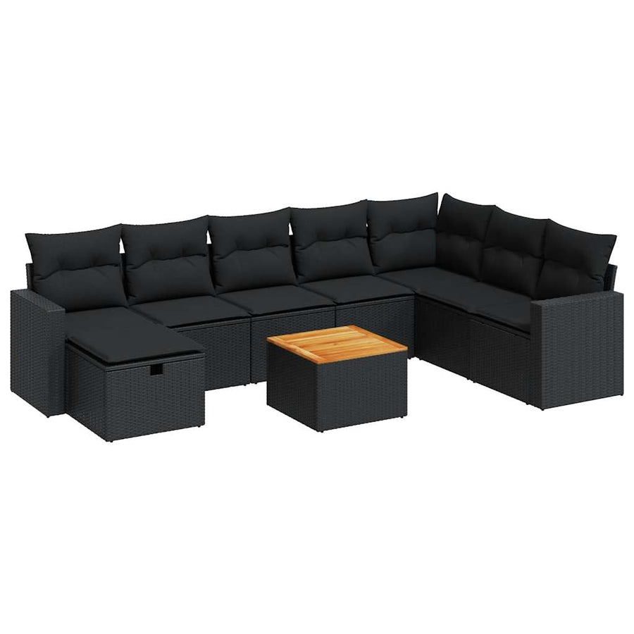 9-delige Loungeset met kussens poly rattan zwart