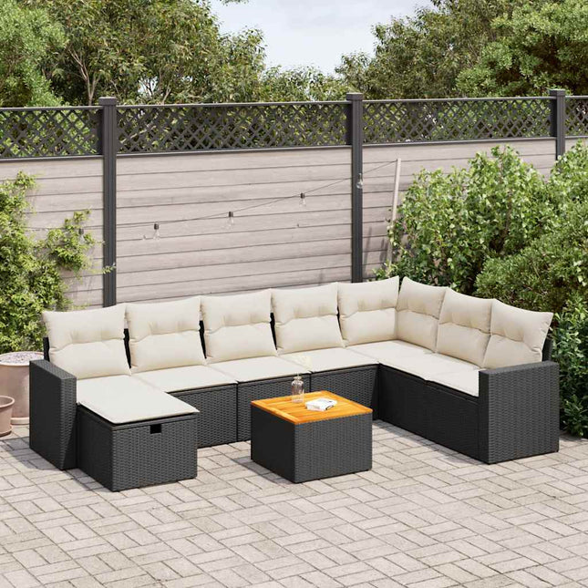 9-delige Loungeset met kussens poly rattan zwart