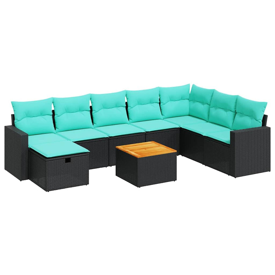 9-delige Loungeset met kussens poly rattan zwart