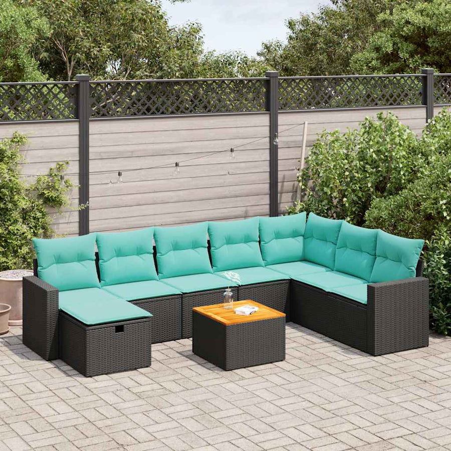 9-delige Loungeset met kussens poly rattan zwart