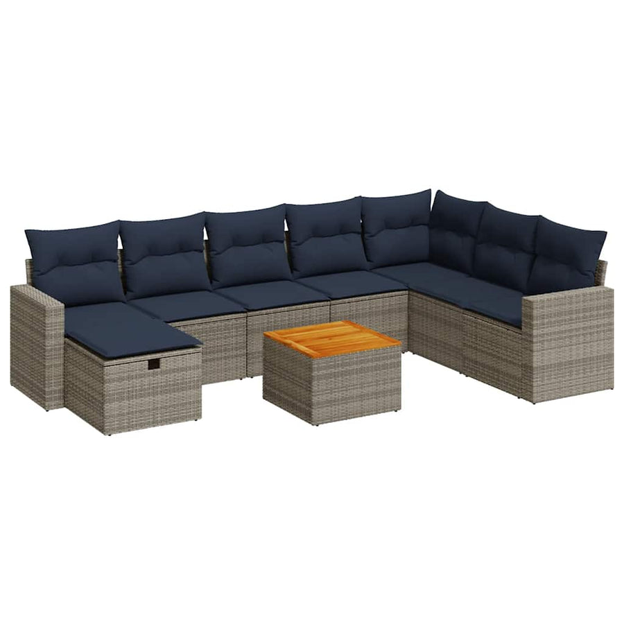 9-delige Loungeset met kussens poly rattan grijs