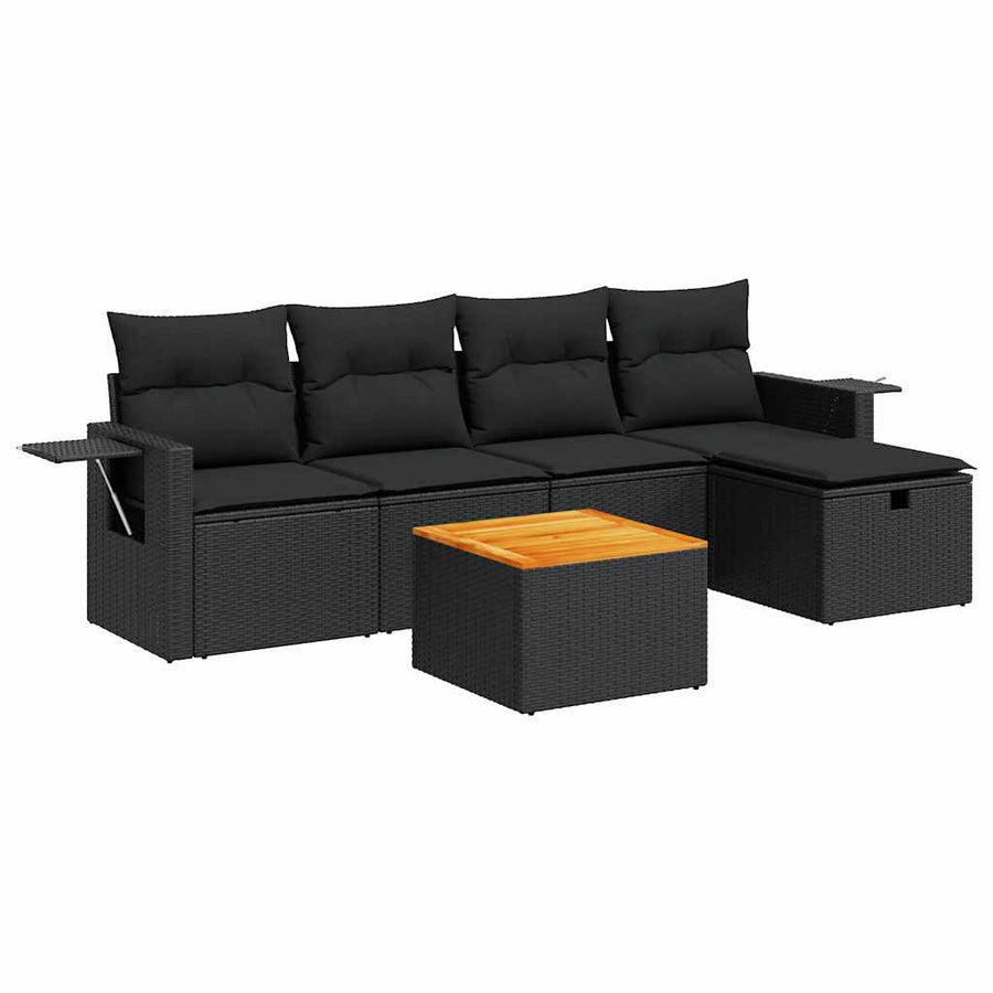 6-delige Loungeset met kussens poly rattan zwart