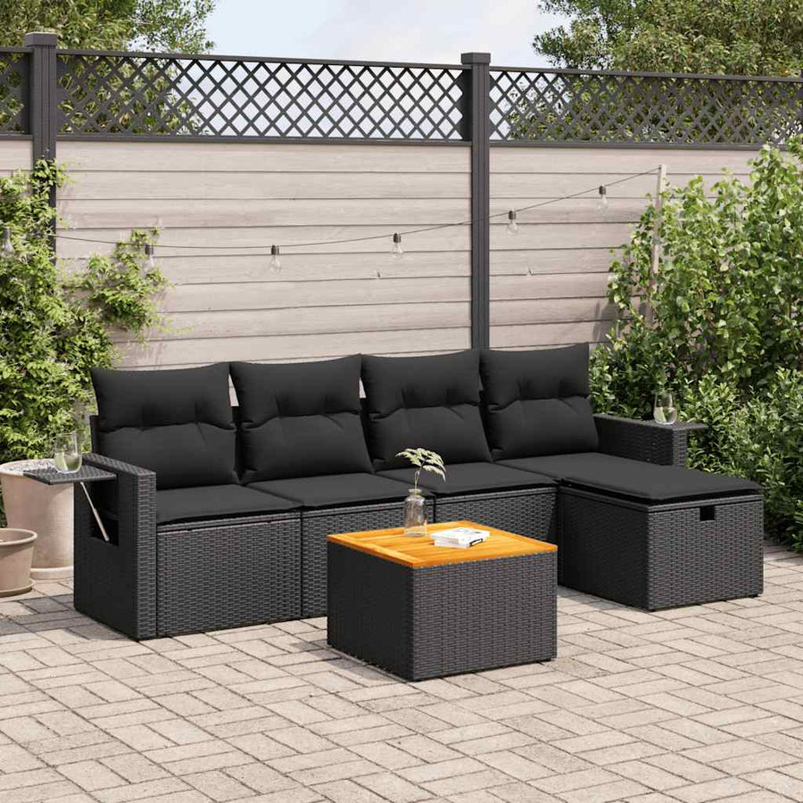 6-delige Loungeset met kussens poly rattan zwart