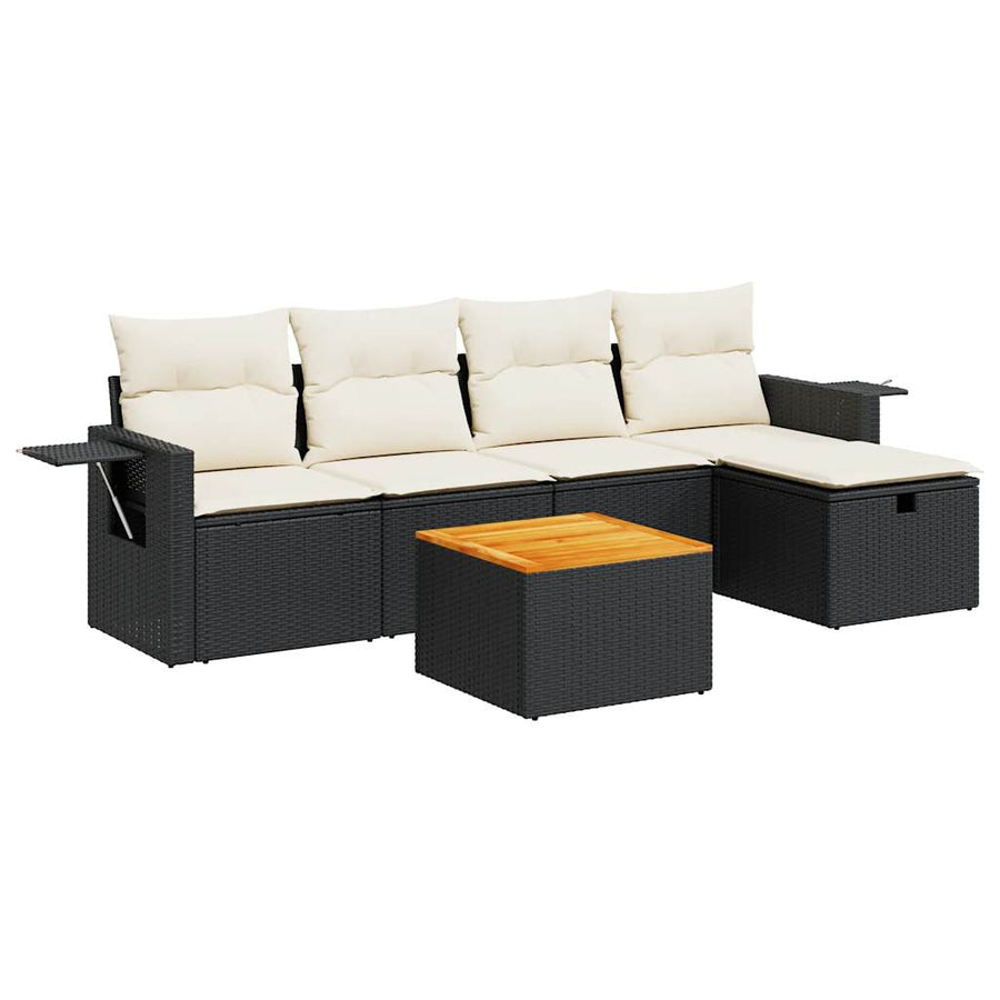 6-delige Loungeset met kussens poly rattan zwart