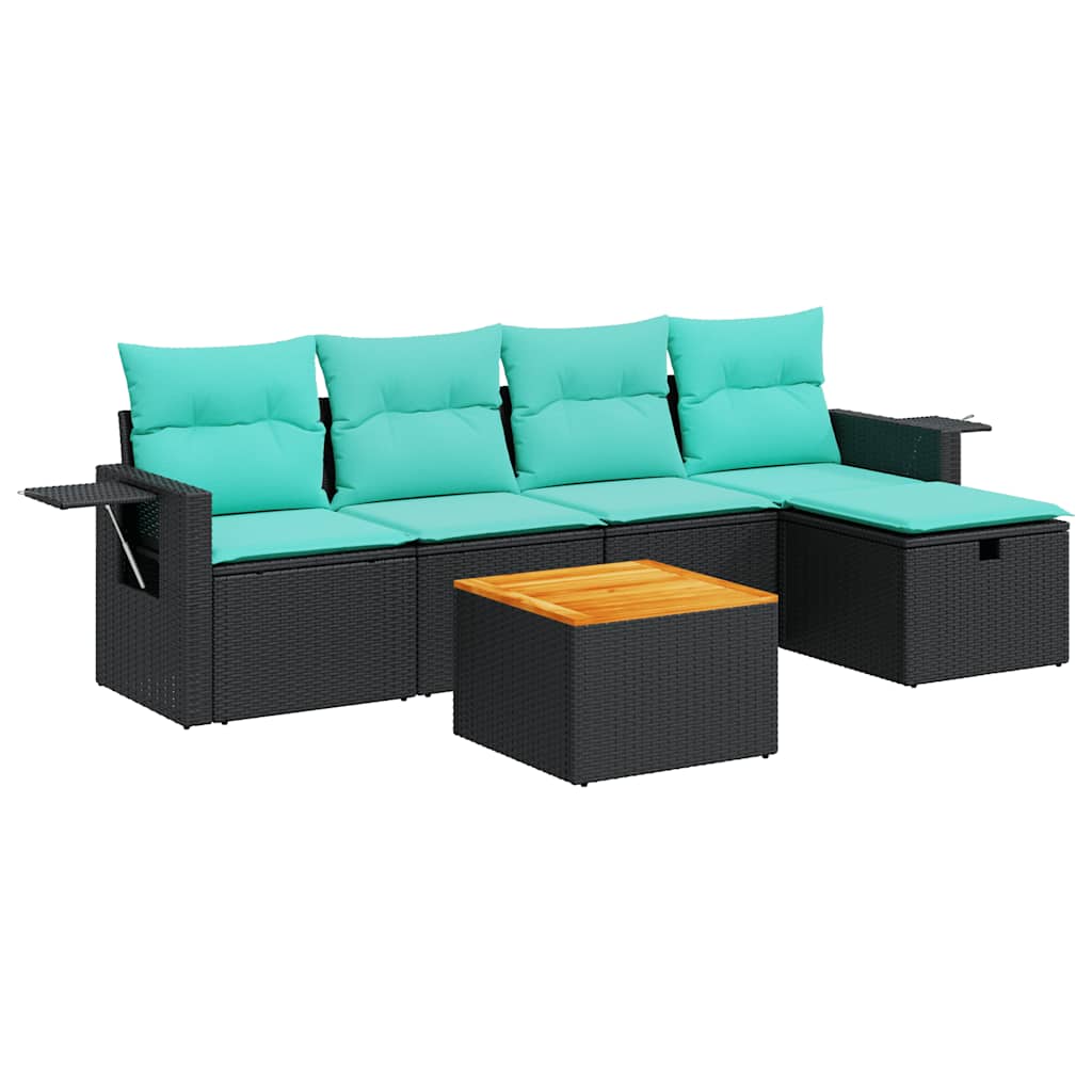 6-delige Loungeset met kussens poly rattan zwart