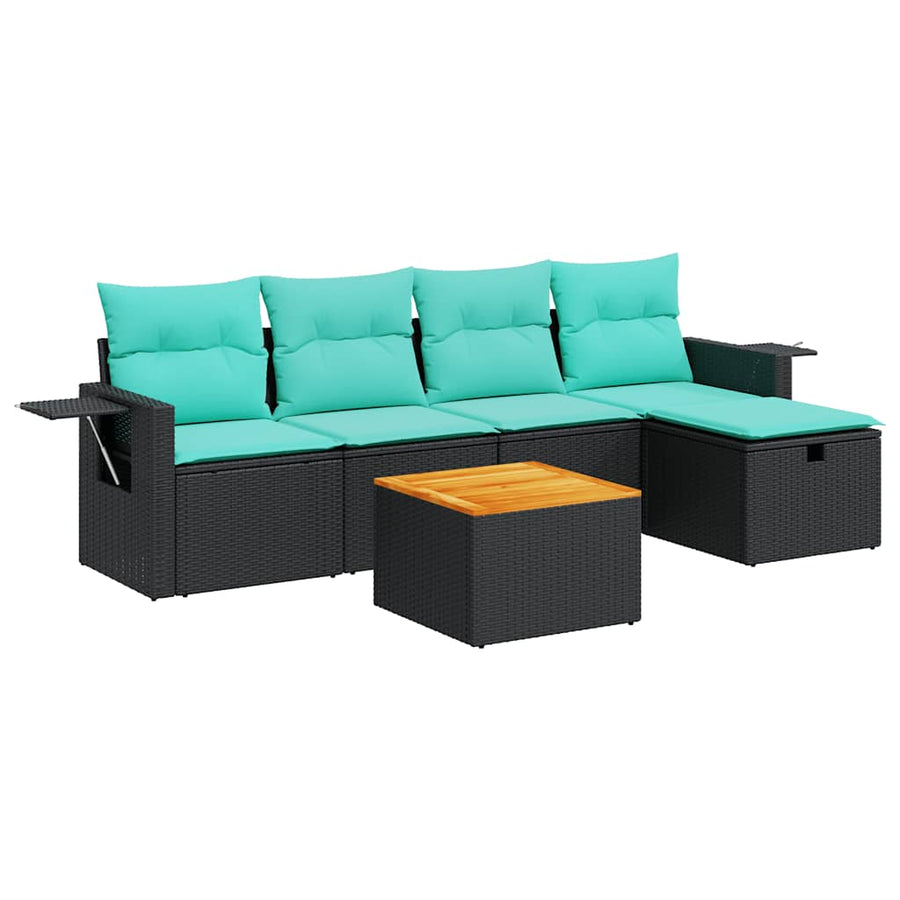 6-delige Loungeset met kussens poly rattan zwart