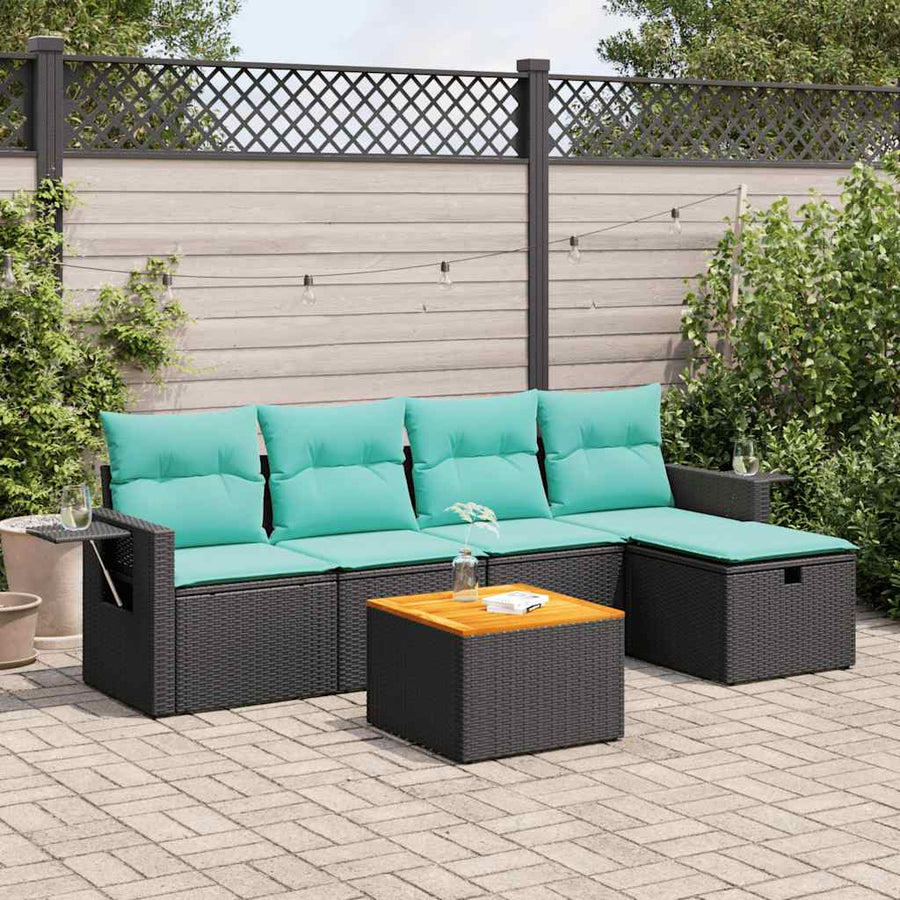 6-delige Loungeset met kussens poly rattan zwart