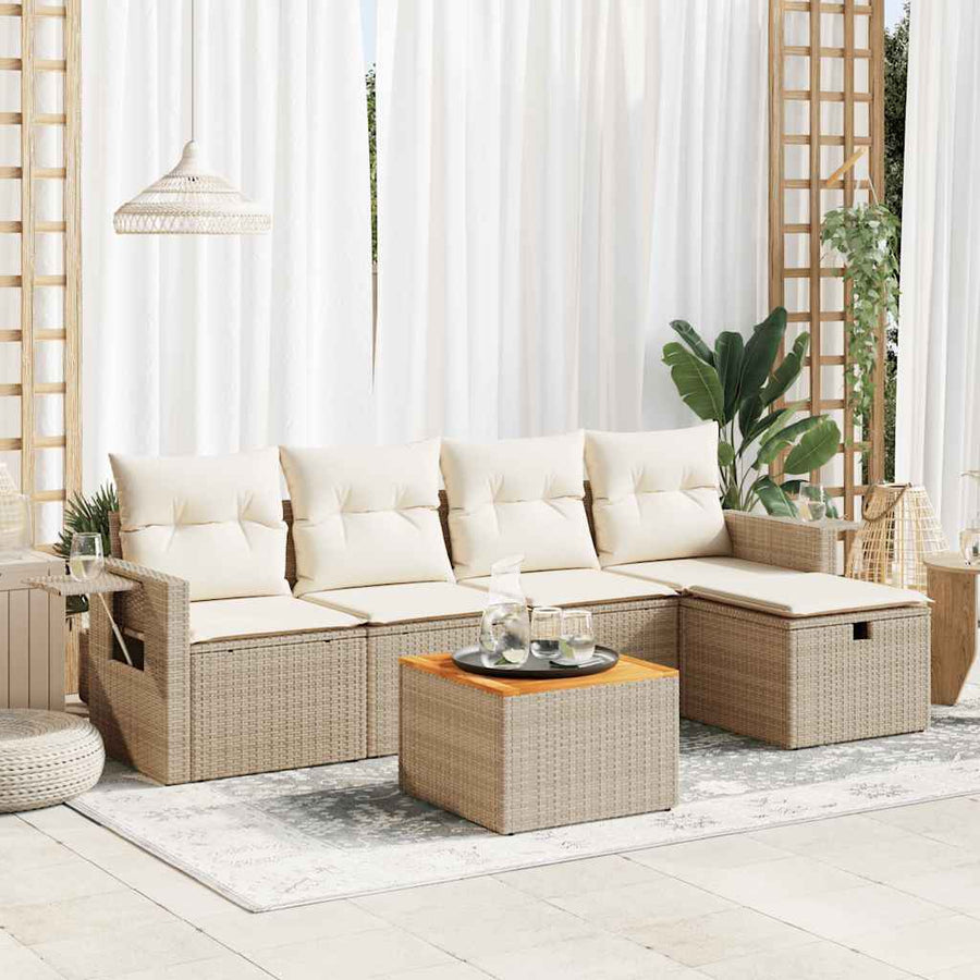6-delige Loungeset met kussens poly rattan beige