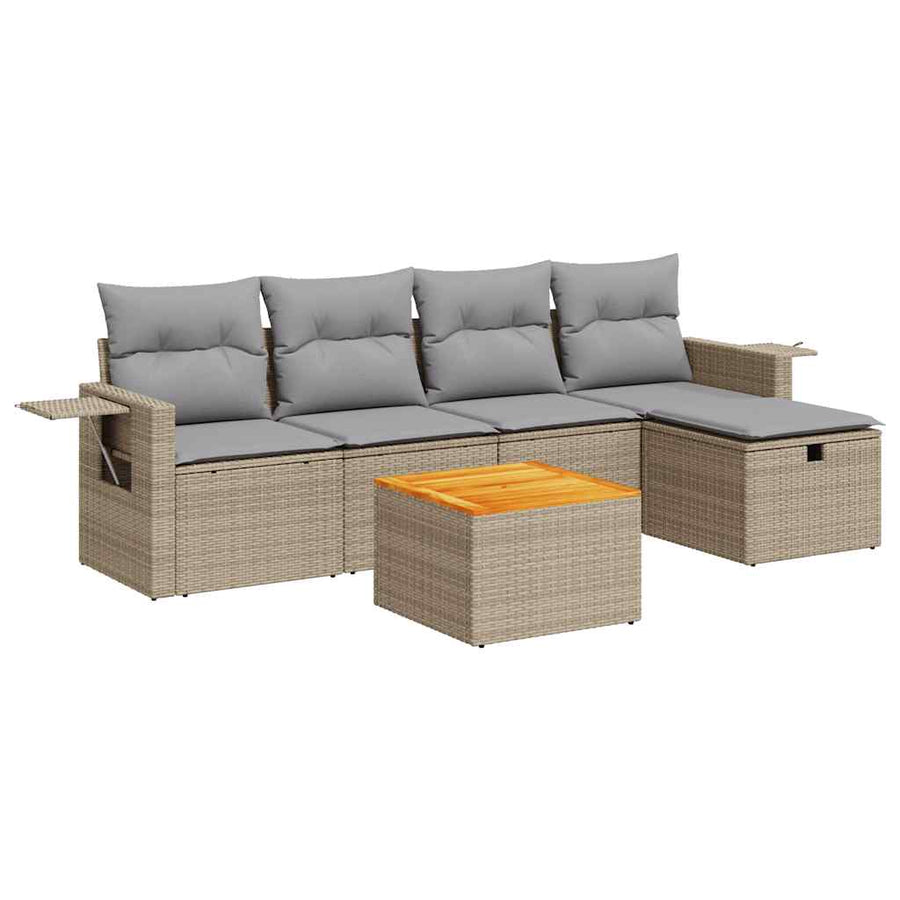 6-delige Loungeset met kussens poly rattan beige