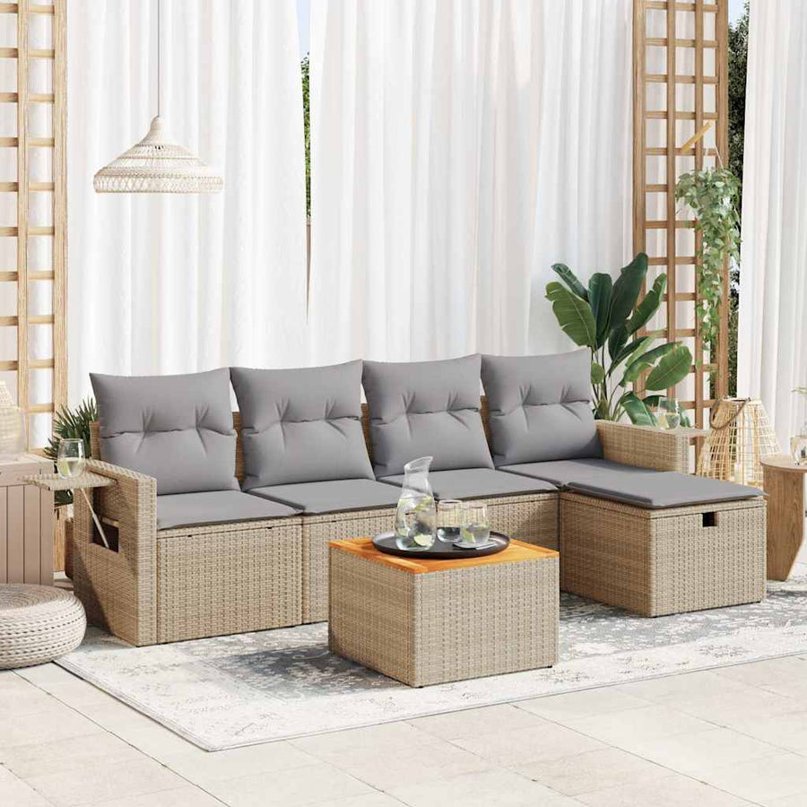 6-delige Loungeset met kussens poly rattan beige