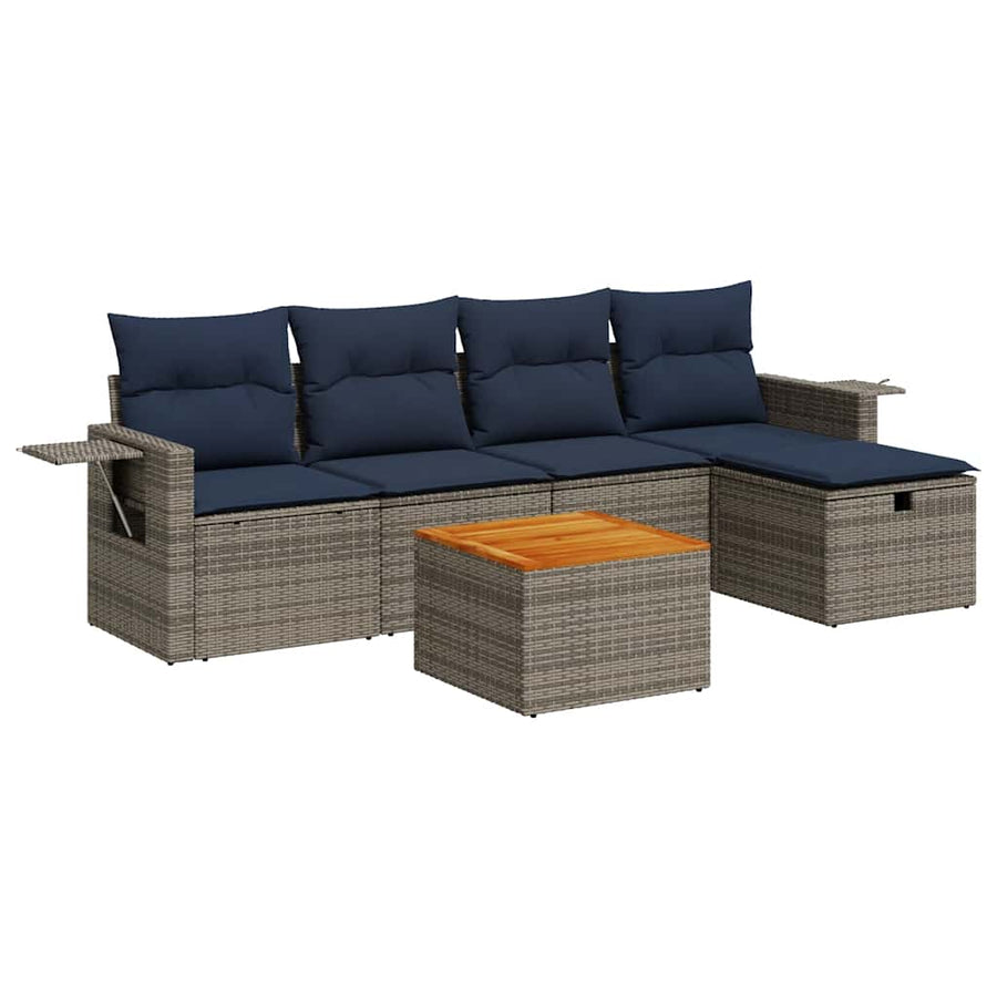 6-delige Loungeset met kussens poly rattan grijs