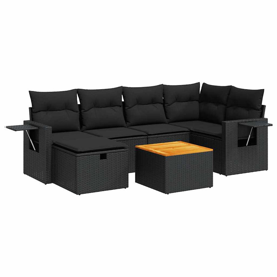 7-delige Loungeset met kussens poly rattan zwart