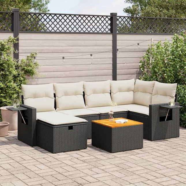 7-delige Loungeset met kussens poly rattan zwart