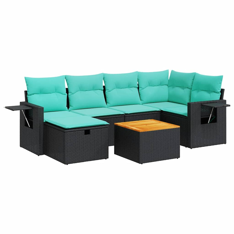 7-delige Loungeset met kussens poly rattan zwart