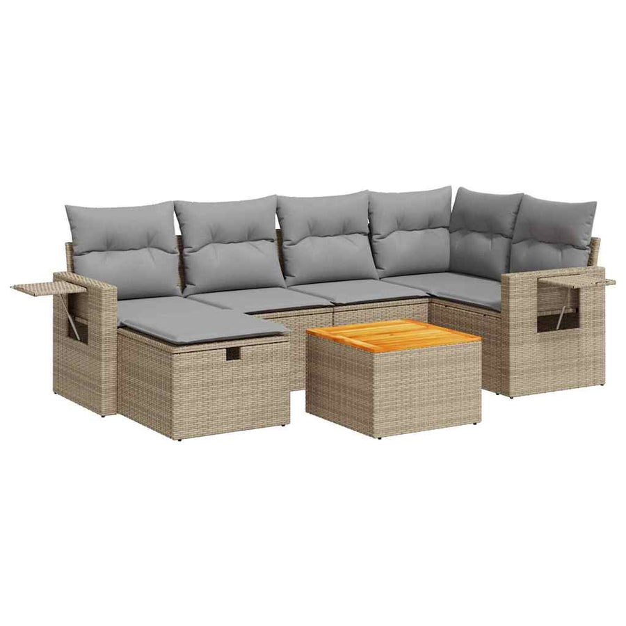 7-delige Loungeset met kussens poly rattan beige