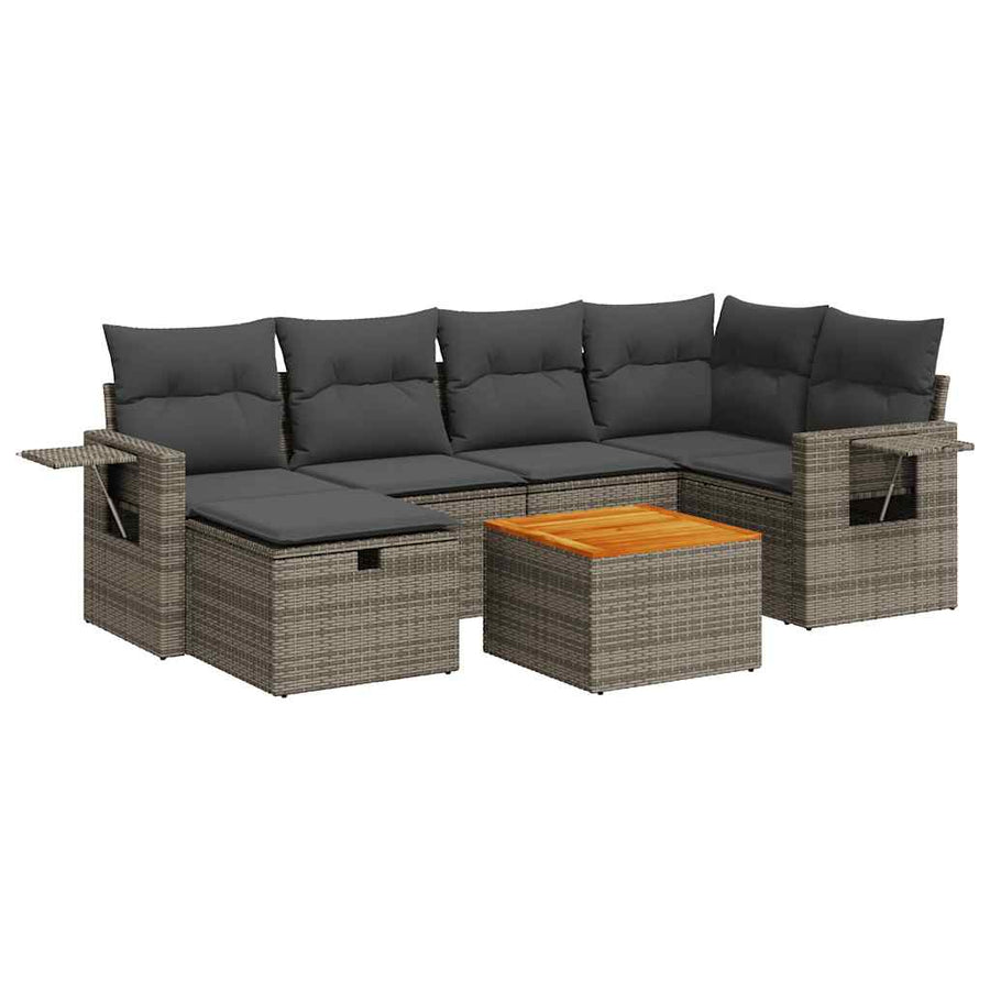 7-delige Loungeset met kussens poly rattan grijs