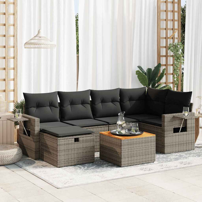 7-delige Loungeset met kussens poly rattan grijs