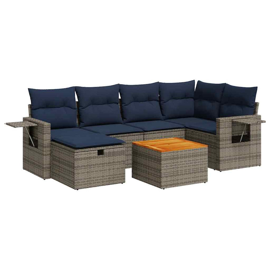 7-delige Loungeset met kussens poly rattan grijs