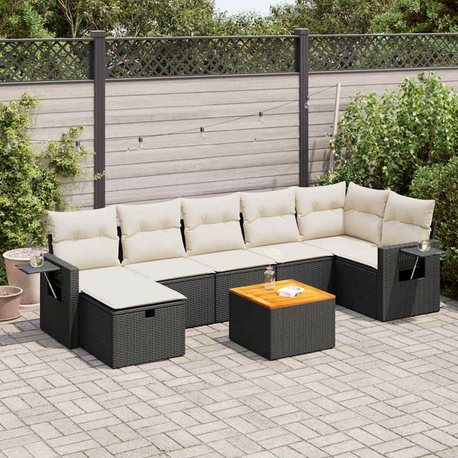 8-delige Loungeset met kussens poly rattan zwart