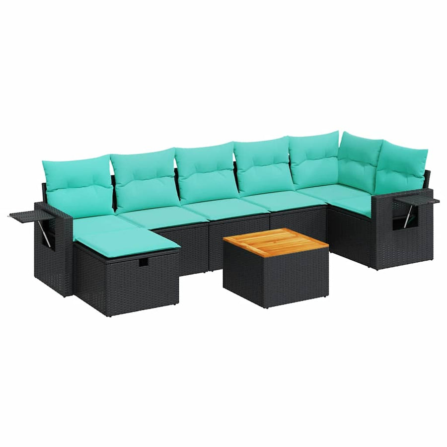 8-delige Loungeset met kussens poly rattan zwart