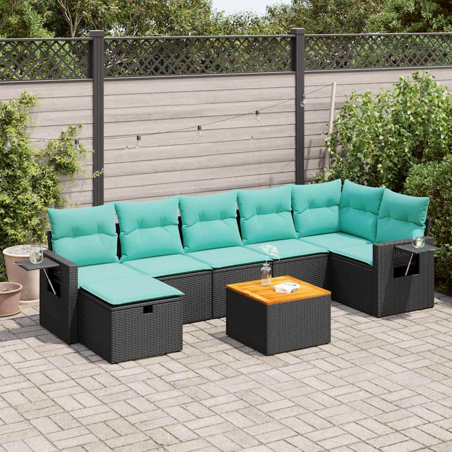 8-delige Loungeset met kussens poly rattan zwart