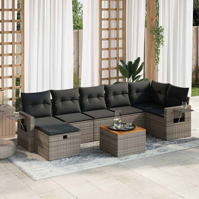 8-delige Loungeset met kussens poly rattan grijs