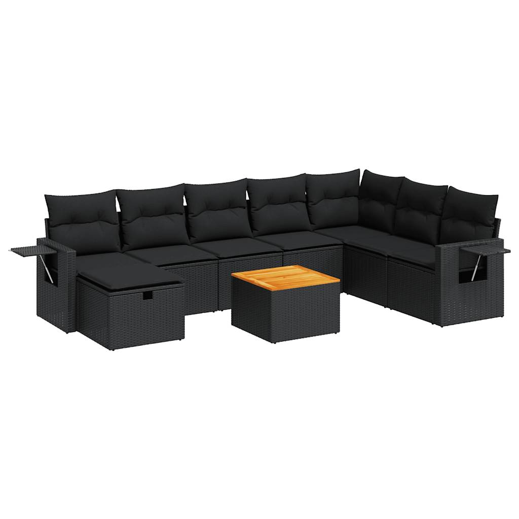 9-delige Loungeset met kussens poly rattan zwart