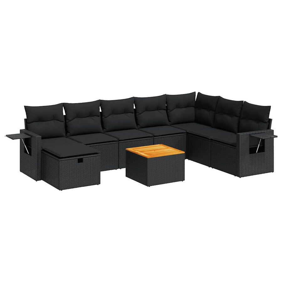 9-delige Loungeset met kussens poly rattan zwart