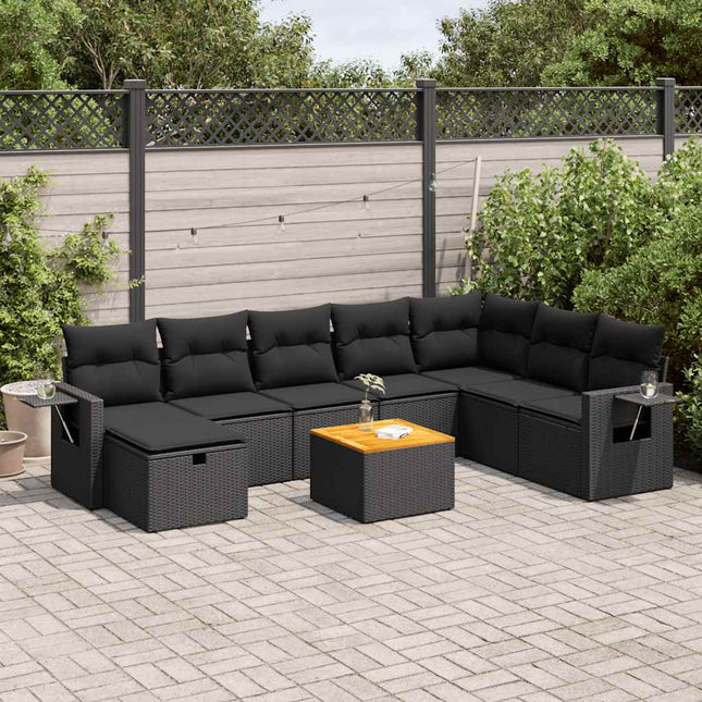 9-delige Loungeset met kussens poly rattan zwart