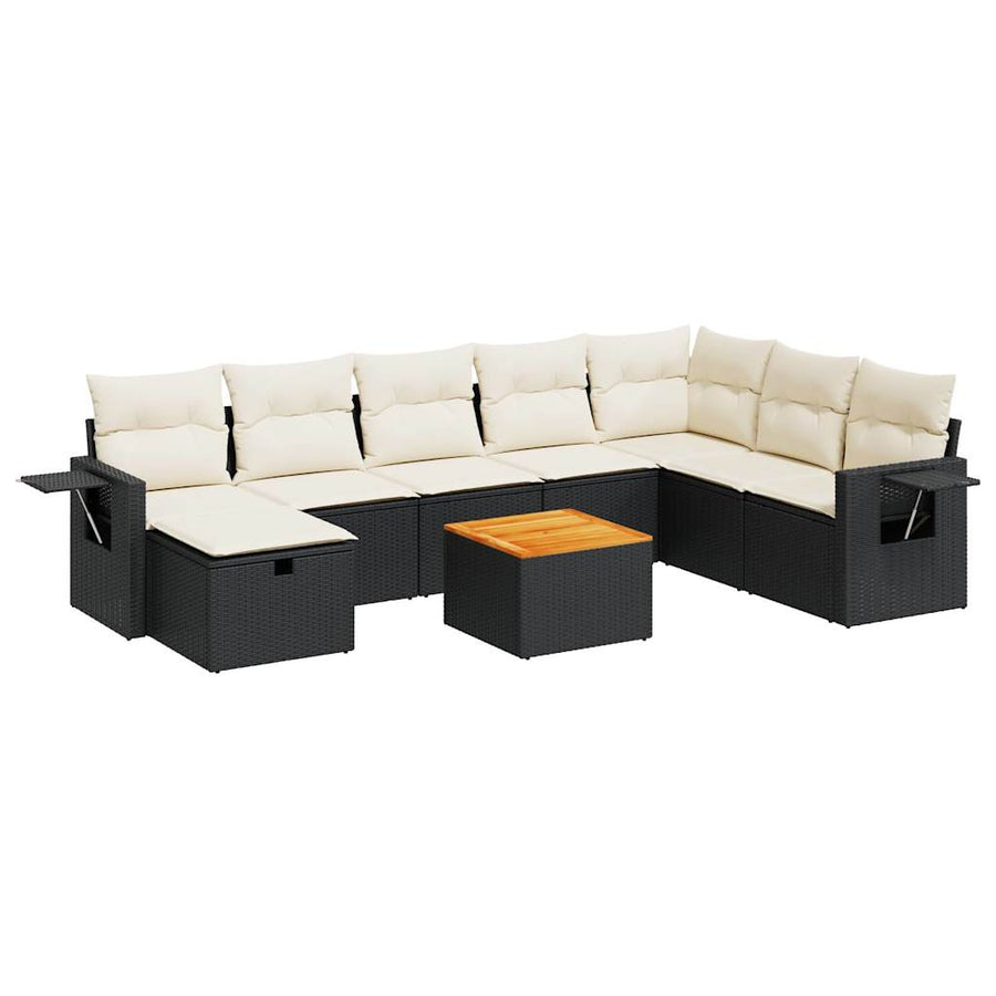 9-delige Loungeset met kussens poly rattan zwart