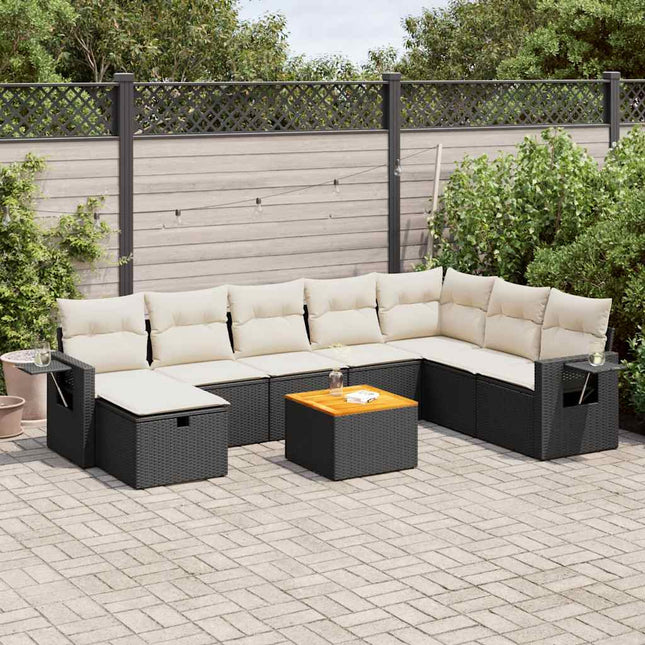 9-delige Loungeset met kussens poly rattan zwart