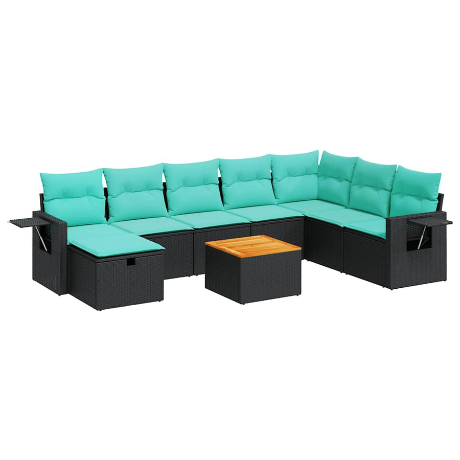 9-delige Loungeset met kussens poly rattan zwart