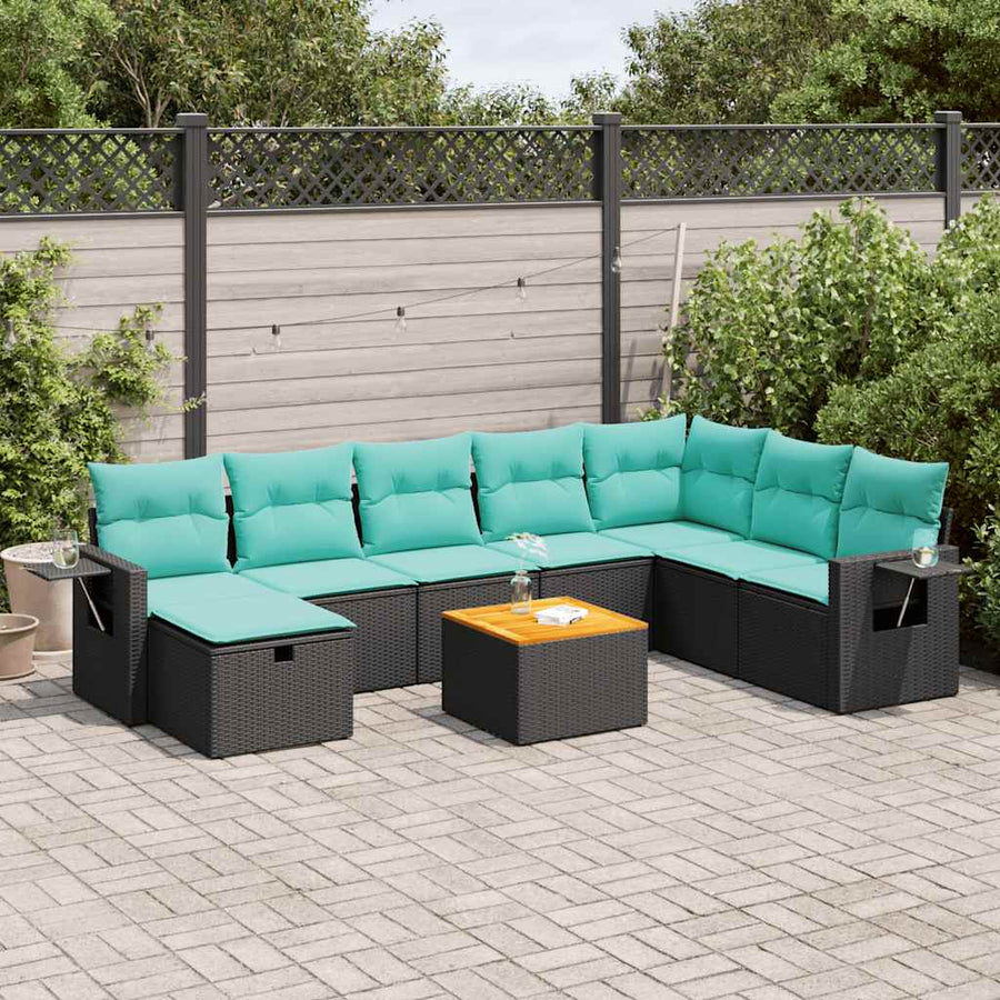 9-delige Loungeset met kussens poly rattan zwart