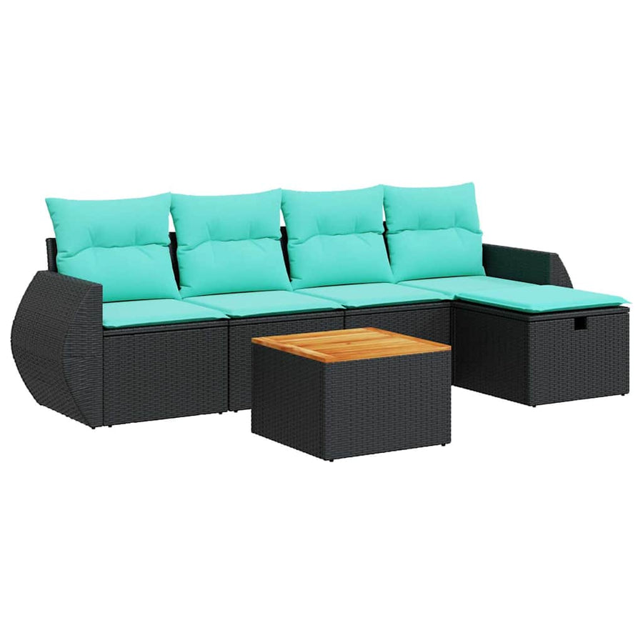 6-delige Loungeset met kussens poly rattan zwart