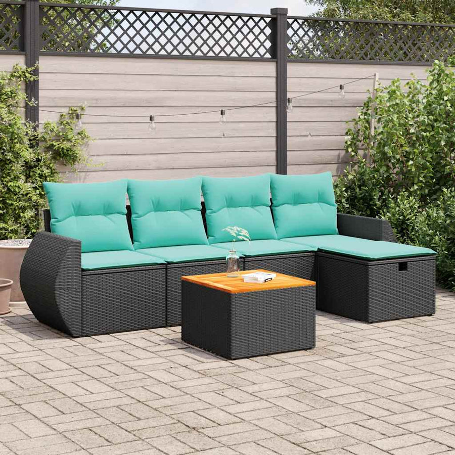 6-delige Loungeset met kussens poly rattan zwart