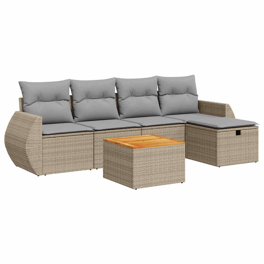 6-delige Loungeset met kussens poly rattan beige