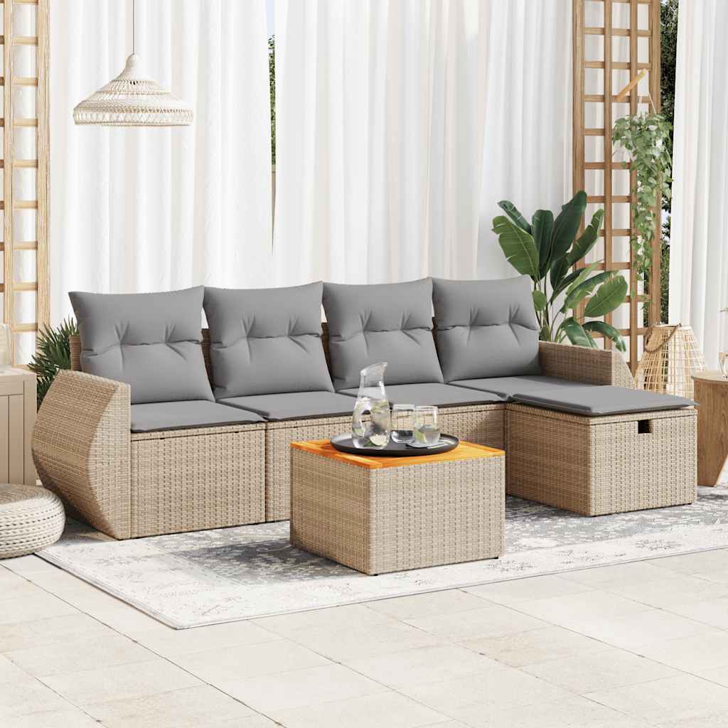 6-delige Loungeset met kussens poly rattan beige