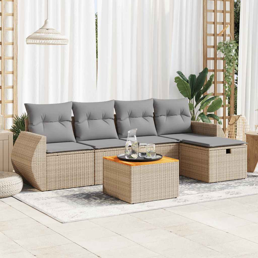 6-delige Loungeset met kussens poly rattan beige