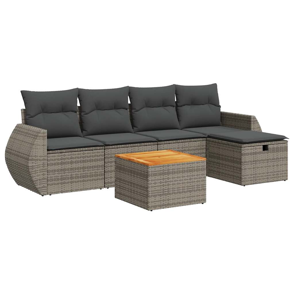 6-delige Loungeset met kussens poly rattan grijs