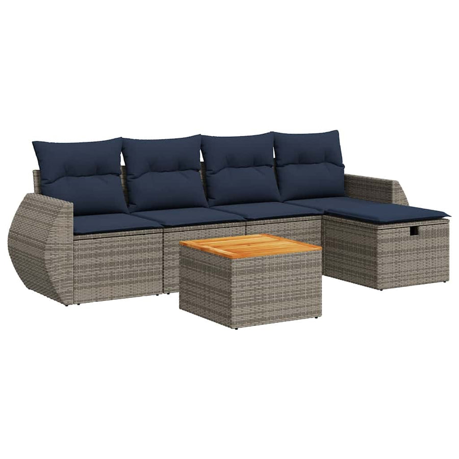 6-delige Loungeset met kussens poly rattan grijs