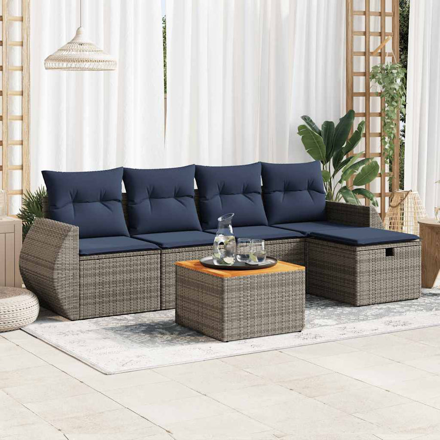 6-delige Loungeset met kussens poly rattan grijs