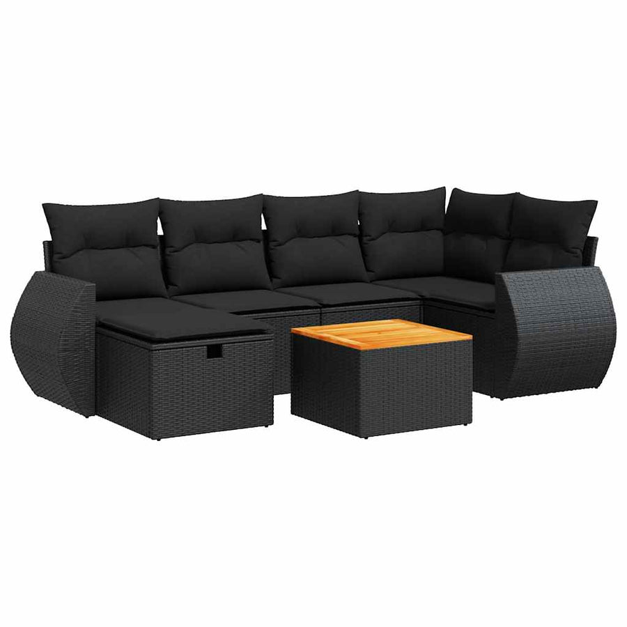 7-delige Loungeset met kussens poly rattan zwart