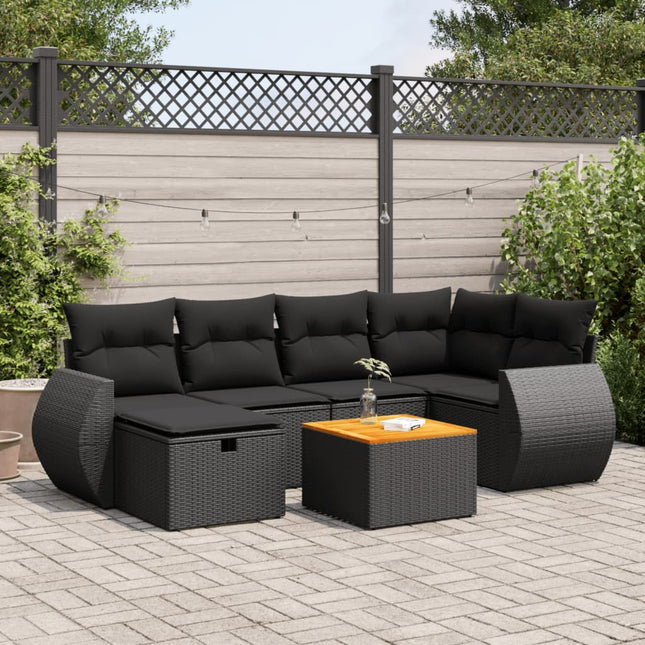 7-delige Loungeset met kussens poly rattan zwart