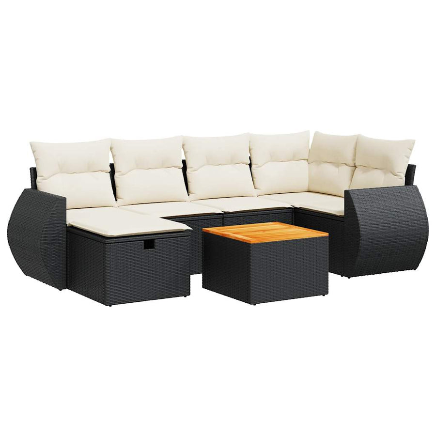 7-delige Loungeset met kussens poly rattan zwart