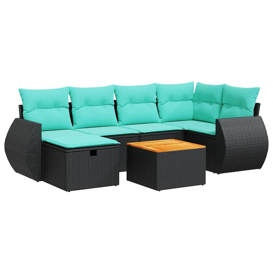7-delige Loungeset met kussens poly rattan zwart