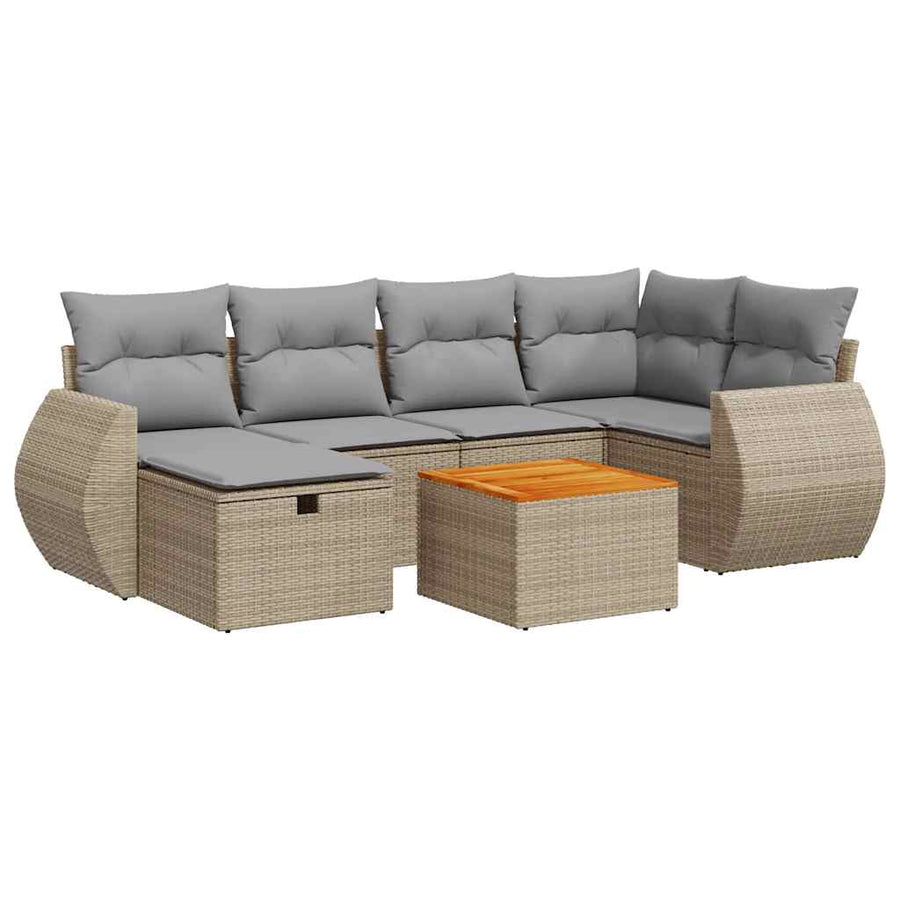 7-delige Loungeset met kussens poly rattan beige